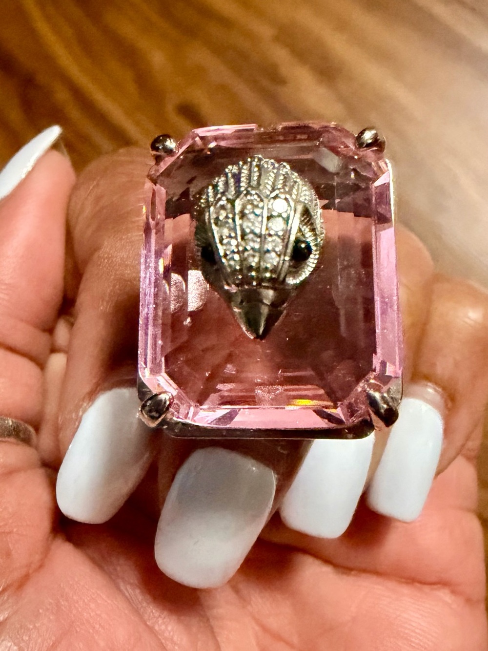 Kurt Geiger Pink Crystal Ring with Silver Eagle Head - Picture 2 of 2